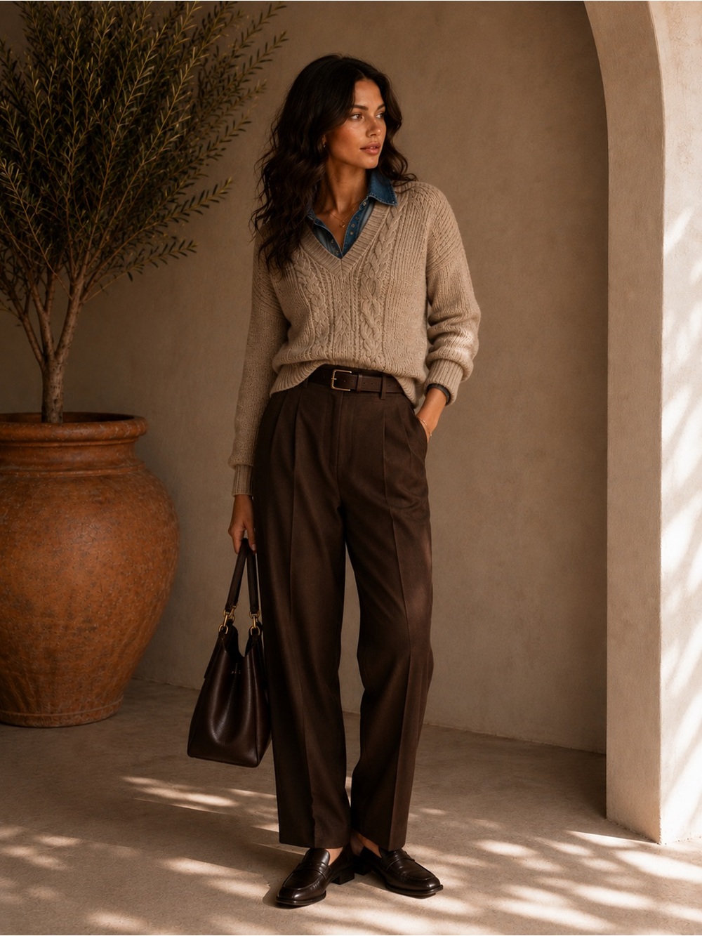 Commense Apricot Denim Panel Ribbed Sweater XS | Preppy Fall Knit